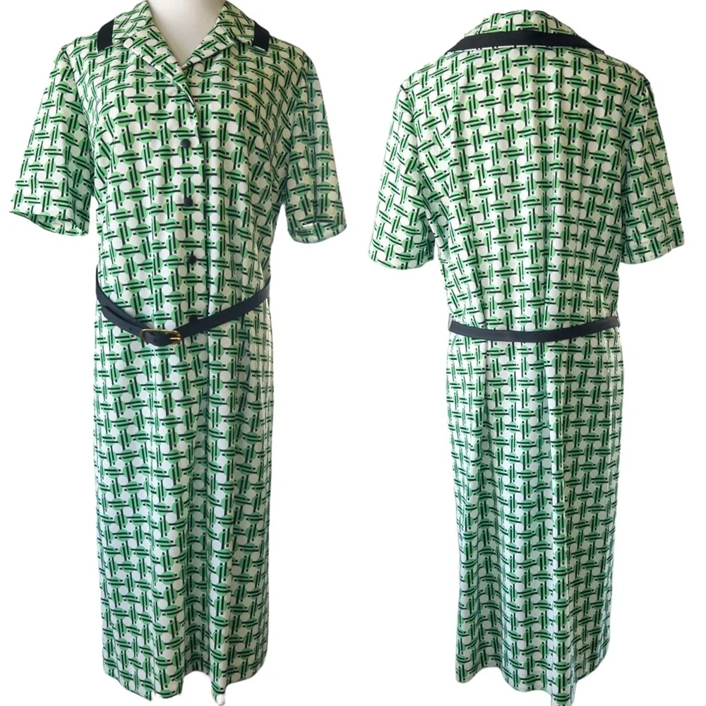 NWT Vintage 70s Geometric Print Green Black White A-line Shirt Dress Size 20.5 - Picture 1 of 16